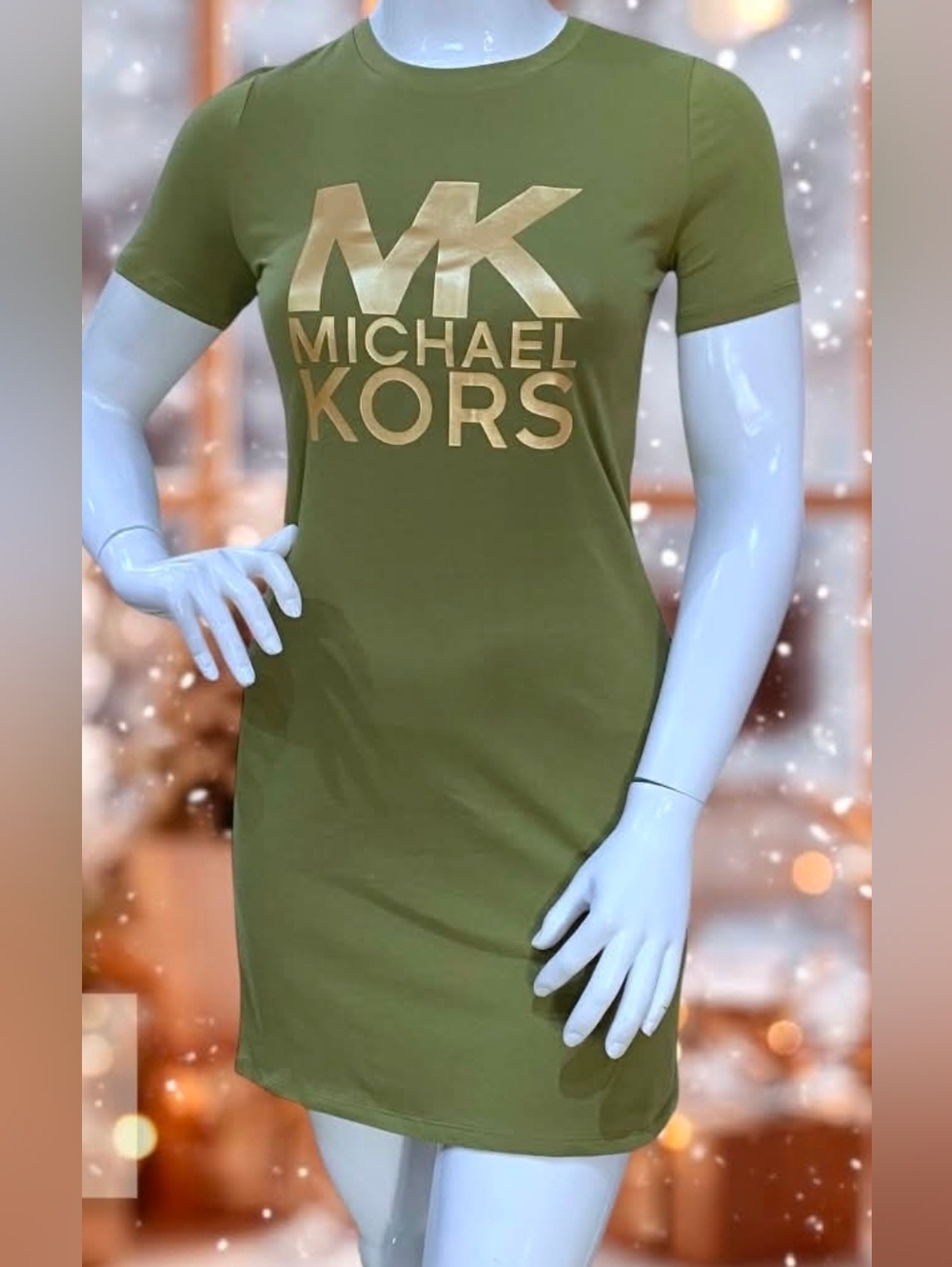 Michael Kors Small Olive Green Tee Dress  Gold  Bling FOIL Logo EMBLEM !